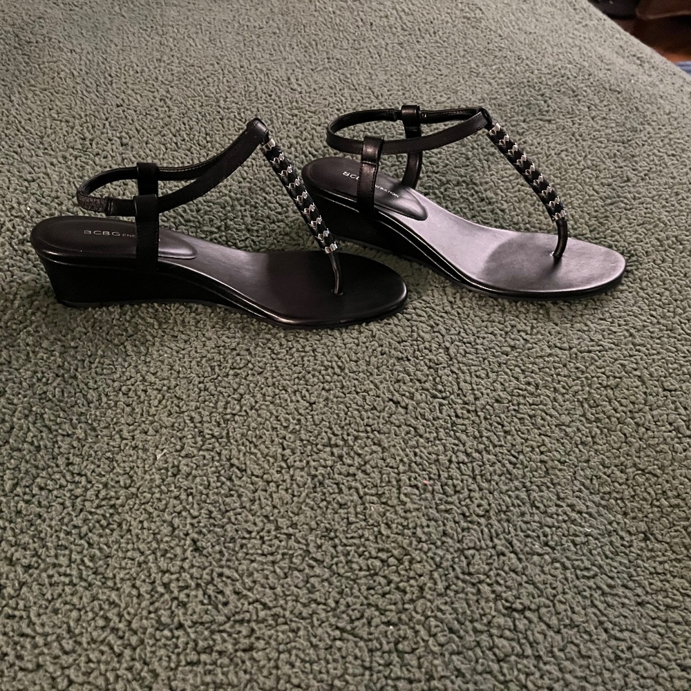 BCBGeneration black and silver leather sandals with wedge heel. Size 7. NWT.